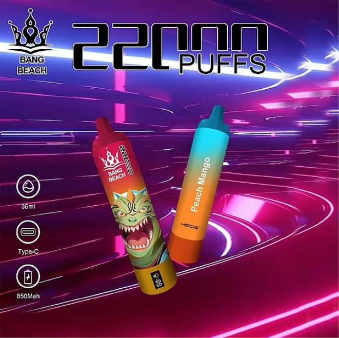 Bang Box Sabores 22DR24 mango durazno | Bang Beach Pantalla inteligente de 22000 inhalaciones.